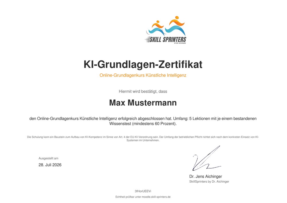 KI-Grundlagen-Zertifikat von SkillSprinters, ausgestellt nach fünf bestandenen Wissenstests