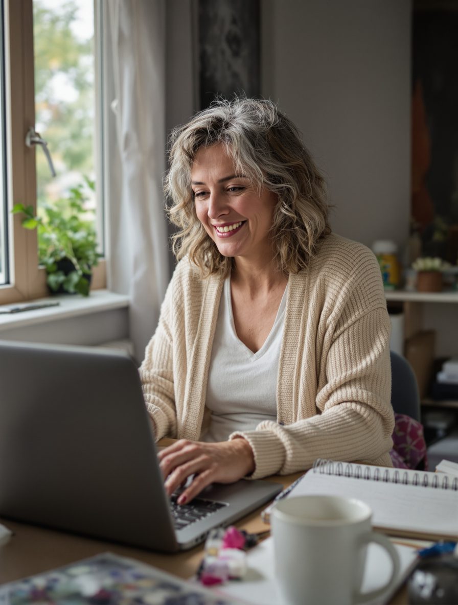 Teilnehmerin im Live-Online-Kurs bei SkillSprinters am Laptop
