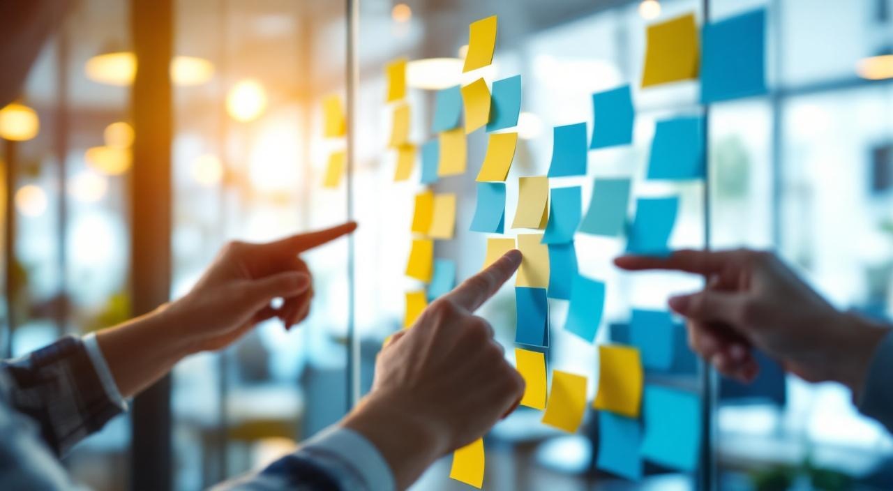 Geschäftsführer und Team beim KI-Strategie-Workshop, Whiteboard mit Roadmap