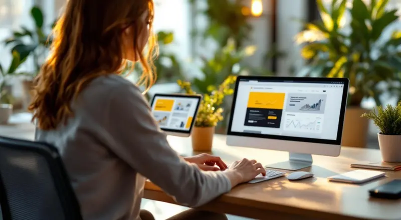 Frau am Schreibtisch vergleicht zwei Website-Varianten auf dem Bildschirm