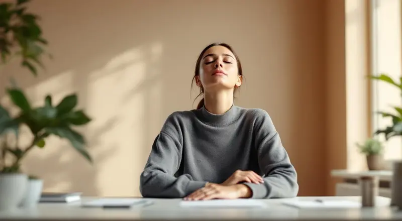 Frau macht eine Achtsamkeitsuebung am Schreibtisch im Beruf