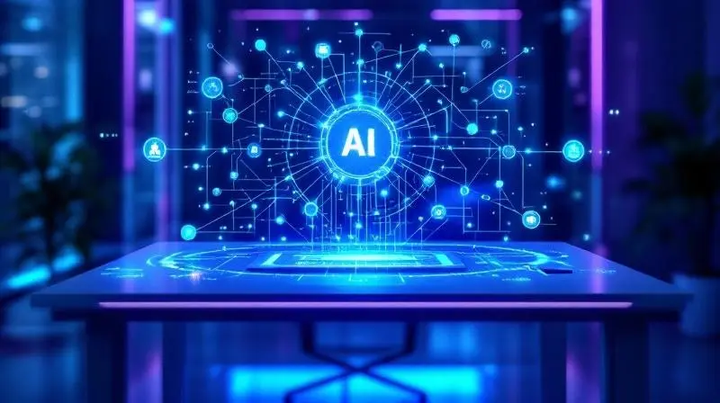 Futuristisches holografisches Interface mit vernetzten Knoten, die KI-Agenten darstellen, über einem modernen Schreibtisch