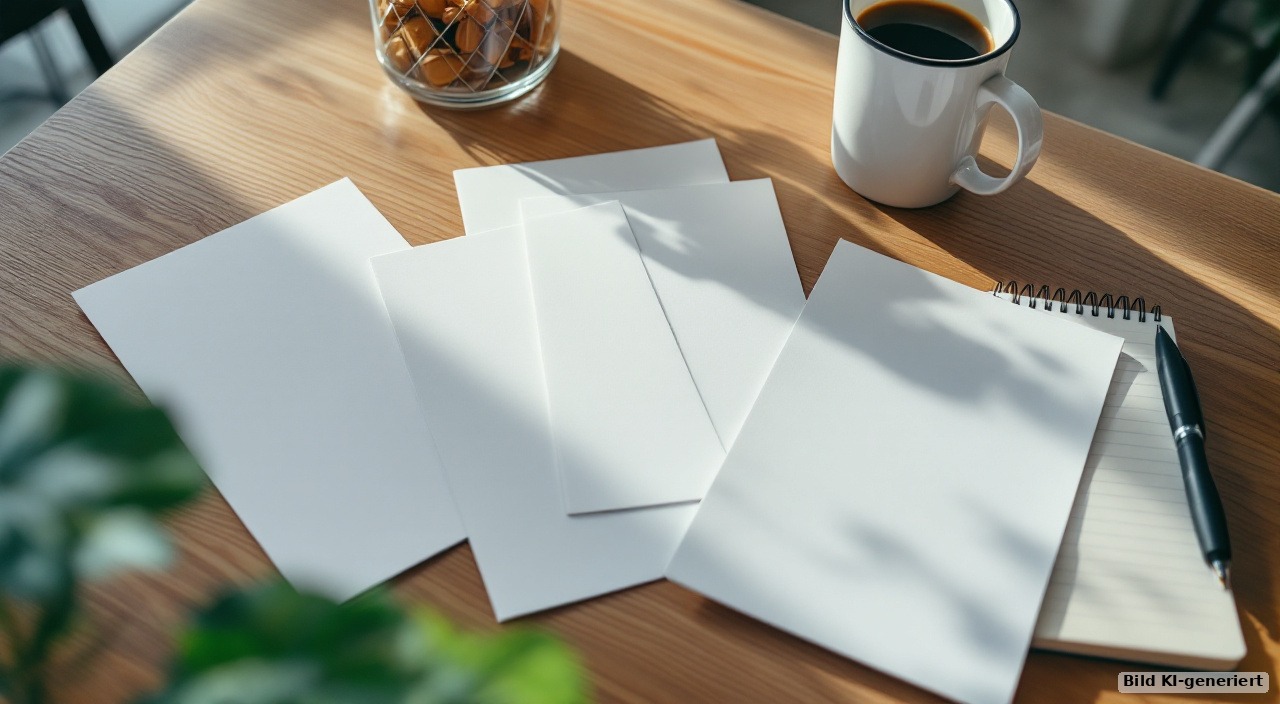 Mehrere leere Blätter, ein Notizblock mit Stift und eine Kaffeetasse auf einem Holztisch