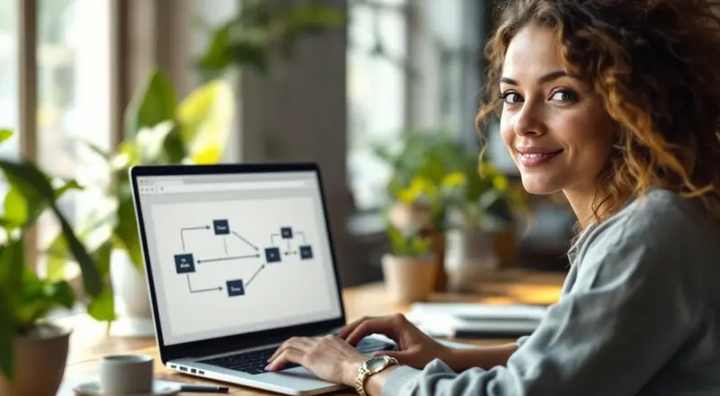 Frau am Laptop mit Schnittstellen-Diagramm auf dem Bildschirm