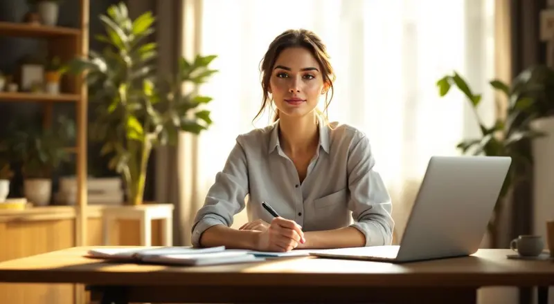 Entschlossene Frau am Schreibtisch mit Laptop und Dokumenten, helles Homeoffice