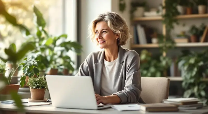 Frau ueber 50 lernt am Laptop fuer eine Weiterbildung