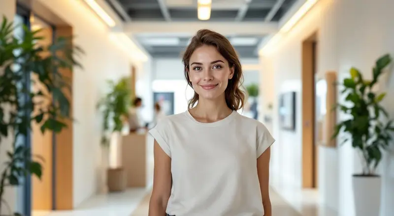 Frau steht in einer modernen Arbeitsagentur und informiert sich an einem Terminal