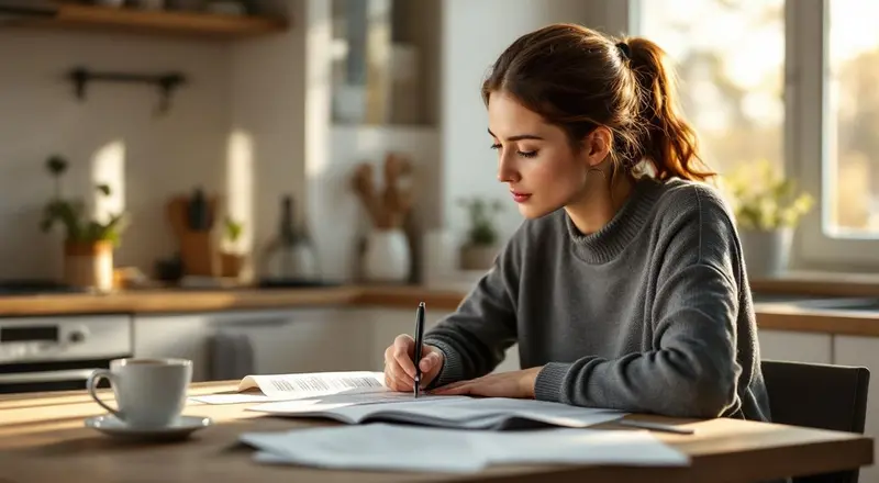 Frau liest aufmerksam einen Arbeitsvertrag am Küchentisch