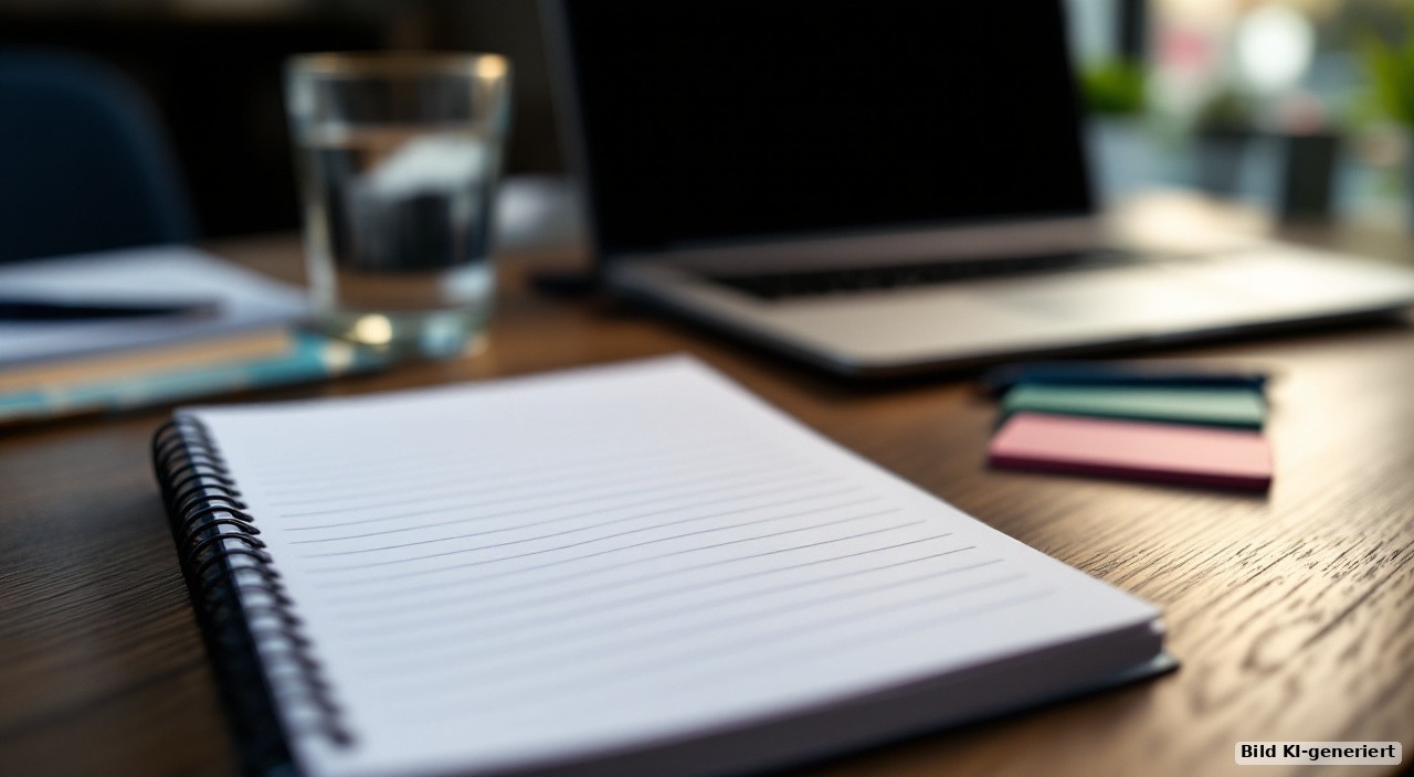 Notizblock mit handschriftlicher Gliederung, Moderationskarten und ein aufgeklappter Laptop auf einem Schreibtisch