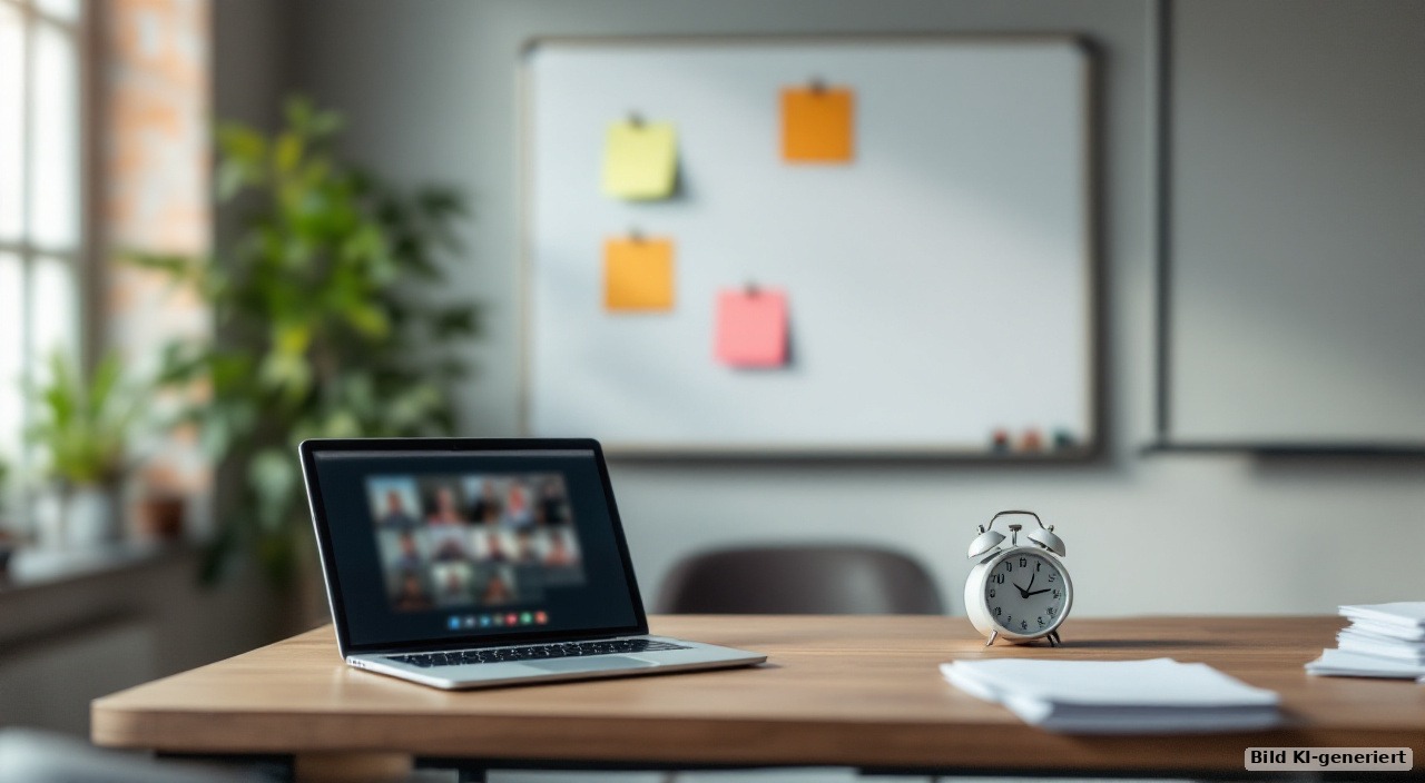 Flipchart mit leeren Karten und ein Laptop mit Videokonferenz auf einem Besprechungstisch, daneben eine Stoppuhr