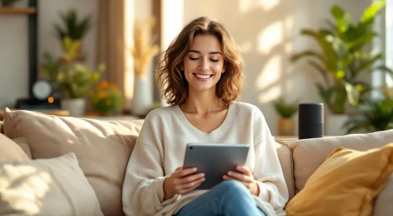 Frau auf dem Sofa mit Tablet, Smart-Home-Geräte im Hintergrund