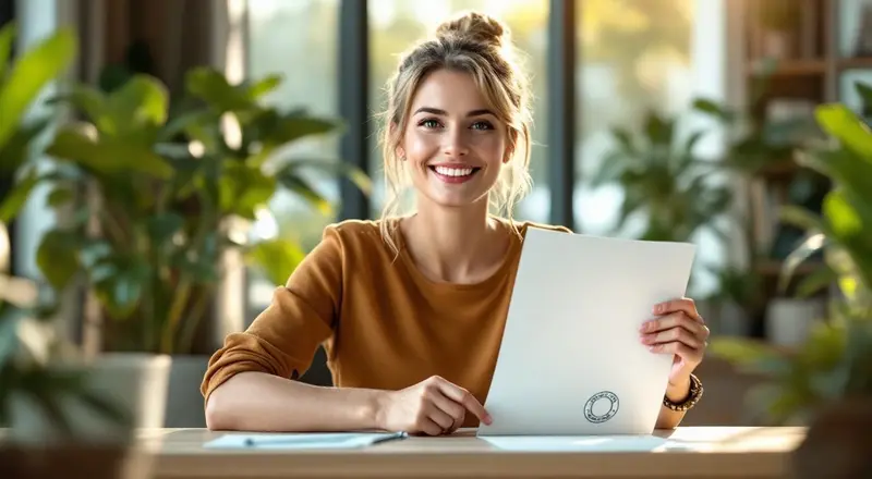 Frau hält Zertifikat mit Qualitätssiegel an einem hellen Schreibtisch