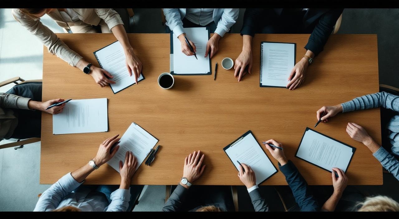 Konferenztisch mit Vertragsdokumenten und Stiften, Mitbestimmungs-Atmosphäre