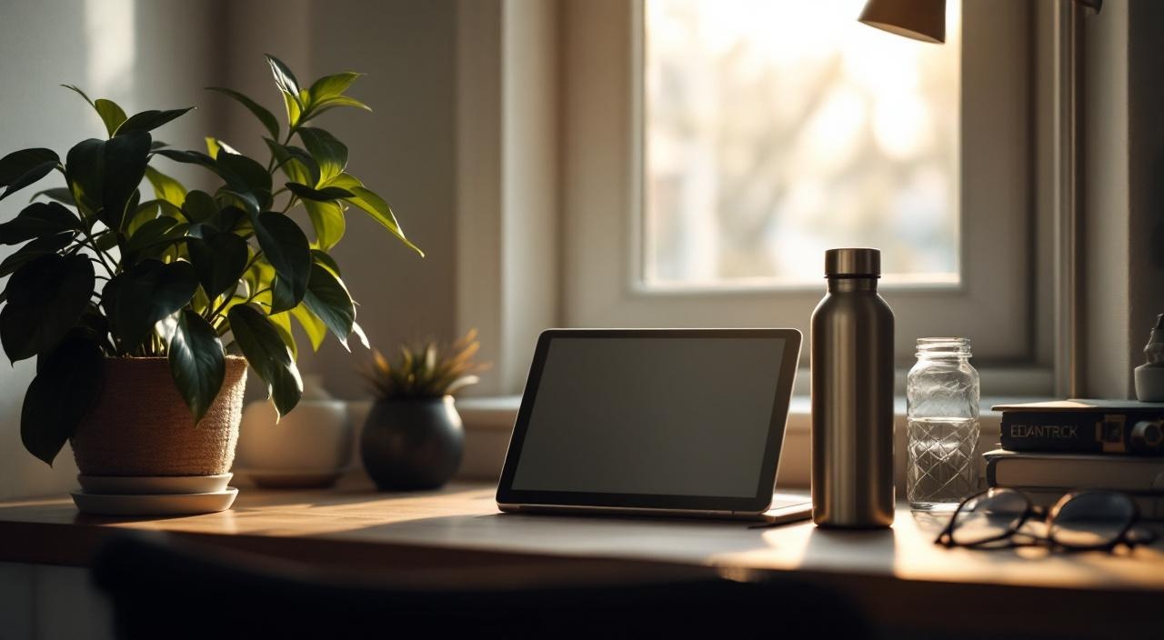 Stiller Arbeitsplatz mit Pflanze und Tablet, ruhige Neuorientierung