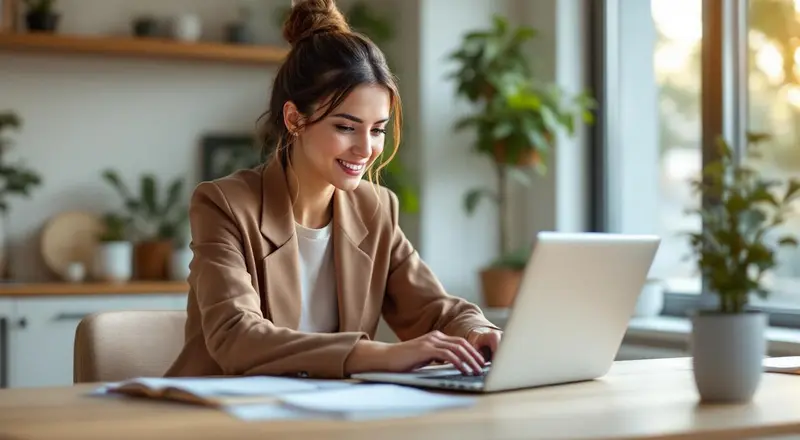 Frau am Laptop überarbeitet ihren Lebenslauf in einem modernen Home-Office