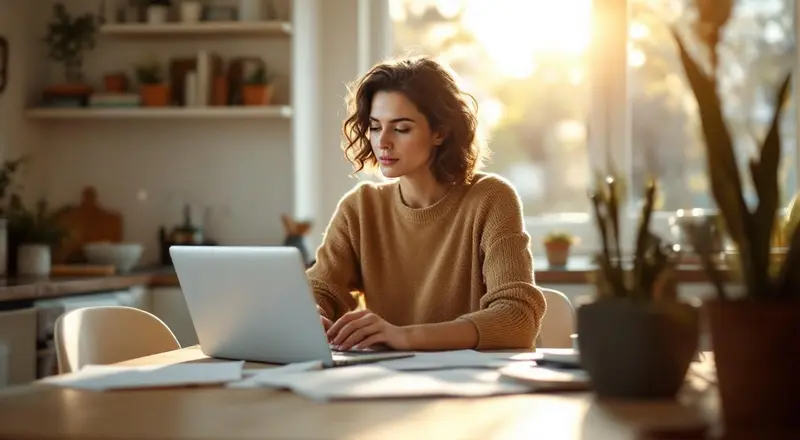 Frau sitzt entschlossen am Küchentisch mit Dokumenten und Laptop