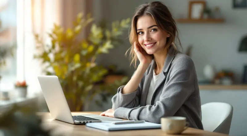 Frau sitzt am Schreibtisch mit Laptop und lächelt selbstbewusst in die Kamera