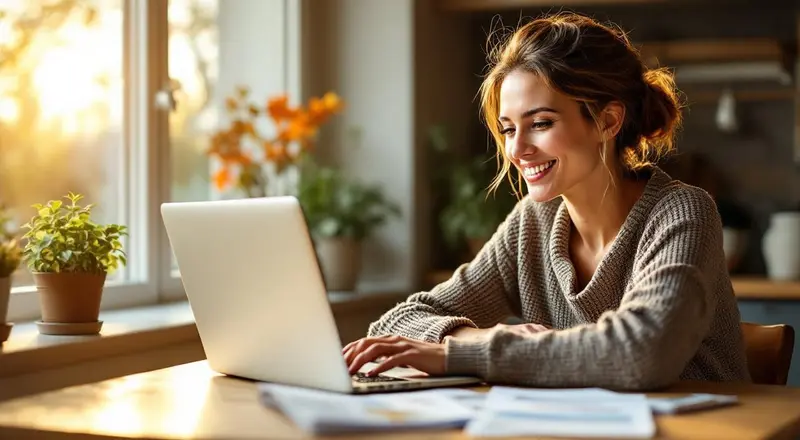 Frau Mitte 30 am Küchentisch mit Laptop, liest Förderungsunterlagen