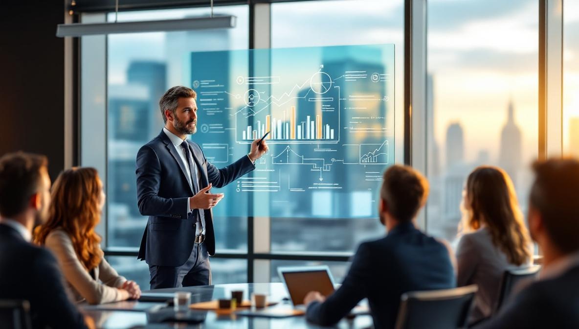 Führungskraft präsentiert digitale Strategie vor Team an Whiteboard