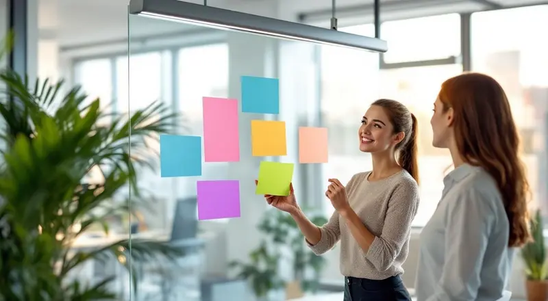 Frau präsentiert fünf Change-Management-Modelle am Whiteboard in modernem Büro