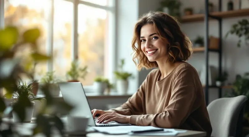 Frau am Schreibtisch mit Laptop, moderne Bewerbungsunterlagen auf dem Bildschirm