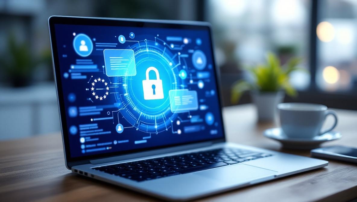 Laptop mit Chat-Interface und Datenschutz-Symbol auf modernem Schreibtisch