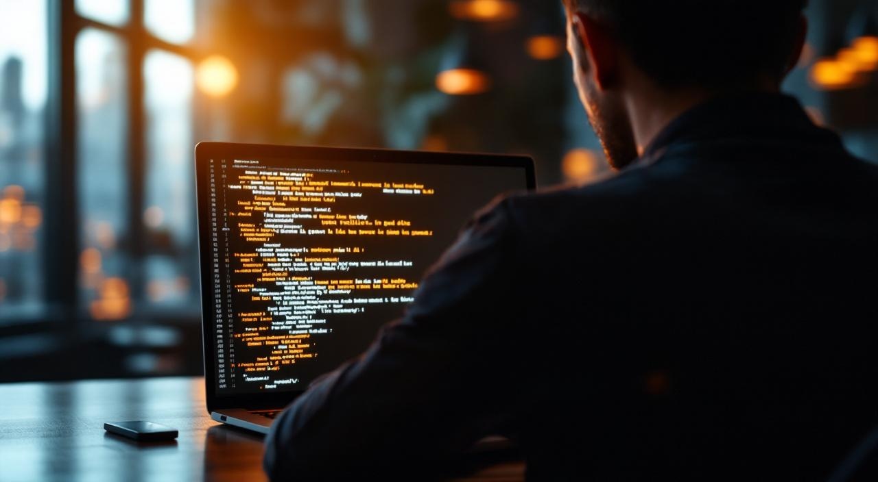 Person betrachtet abstrakte verzerrte Textmuster auf Laptop-Bildschirm