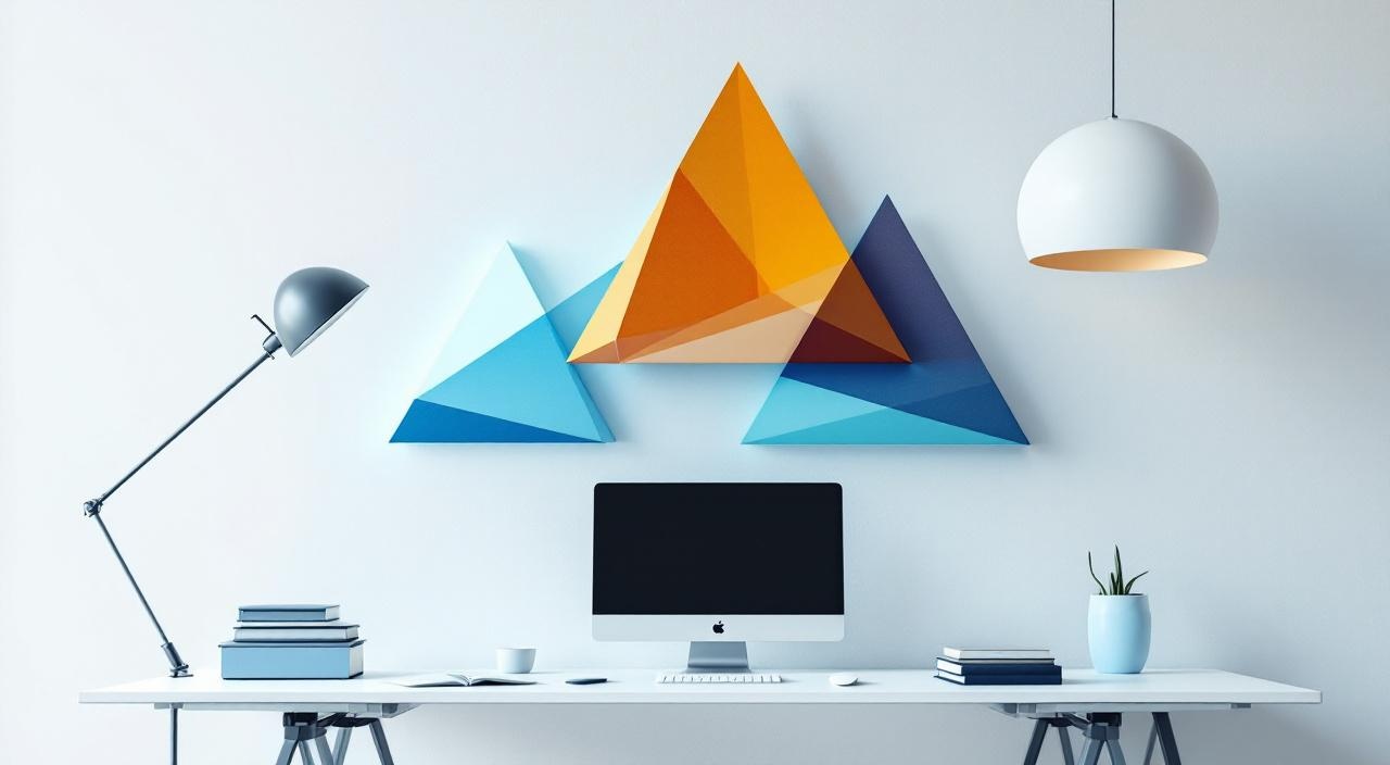 Drei geometrische Shapes in Dreiecksformation über Schreibtisch, Vergleichs-Symbolik