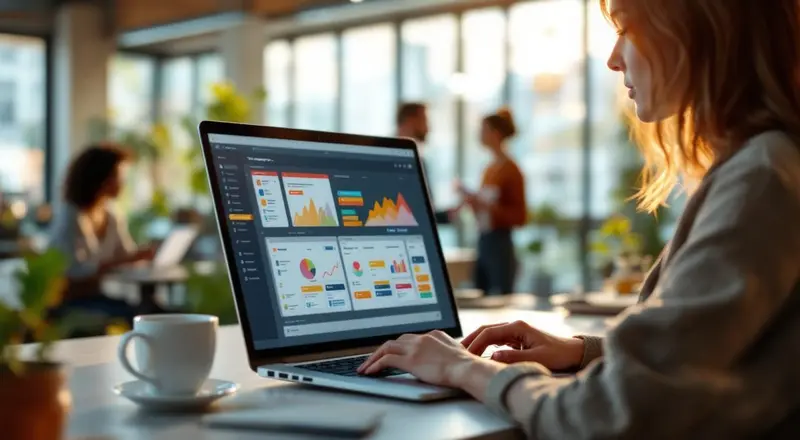Frau arbeitet an Laptop mit visueller Workflow-Oberfläche in modernem Büro