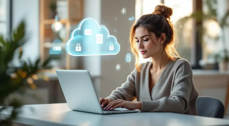 Person am Laptop mit Cloud-Computing-Symbolen auf dem Bildschirm in einem hellen modernen Büro