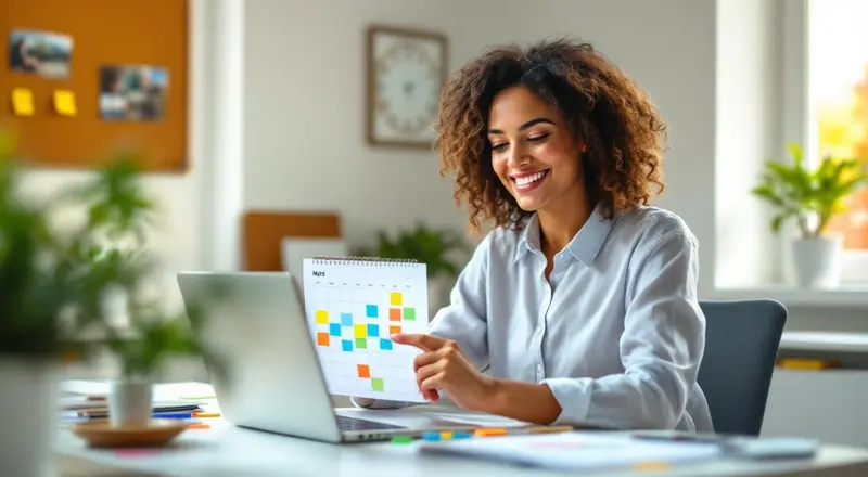 Frau plant Social-Media-Inhalte an einem Schreibtisch mit Laptop und farbigem Monatskalender