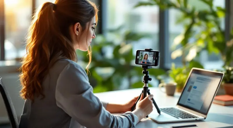 Mitarbeiterin nimmt ein kurzes Video am Arbeitsplatz auf, LinkedIn auf dem Laptop im Hintergrund