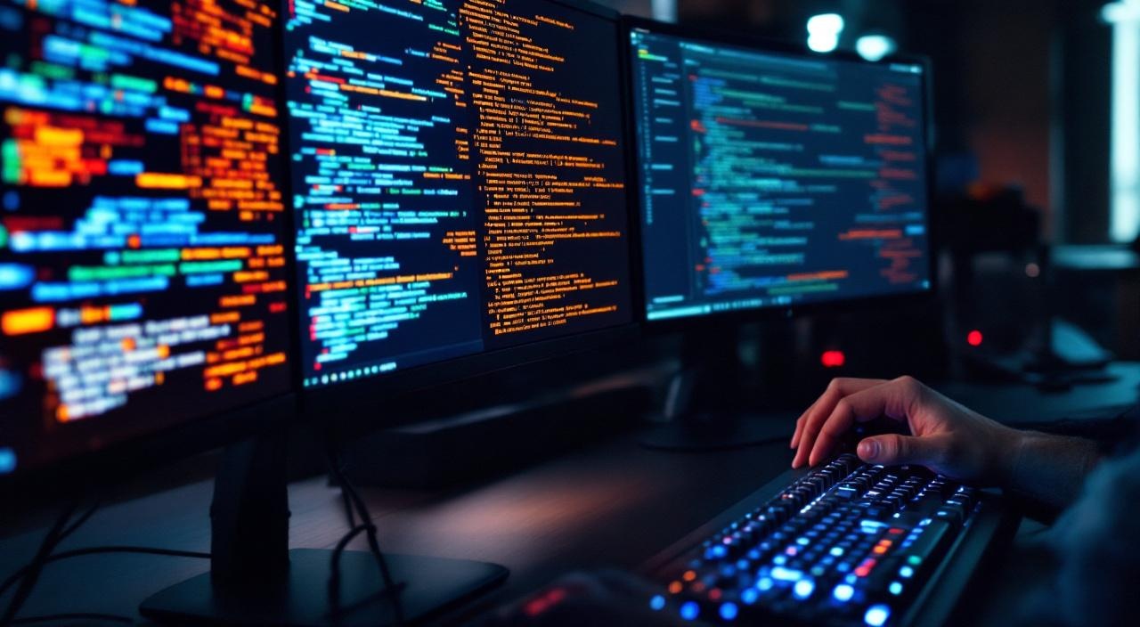 Entwickler-Setup mit mehreren Bildschirmen und mechanischer Tastatur