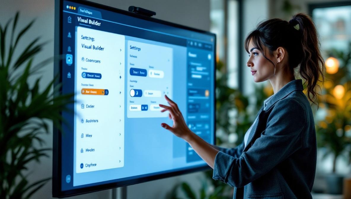 Professionelle Frau konfiguriert Einstellungen auf einem großen Bildschirm in einem modernen Büro