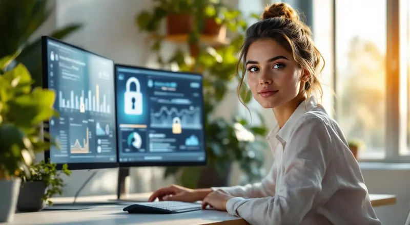 Frau arbeitet konzentriert an einem Sicherheits-Dashboard an zwei Monitoren