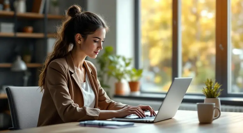 Frau arbeitet am Laptop in modernem Büro, Schloss-Symbol auf dem Bildschirm
