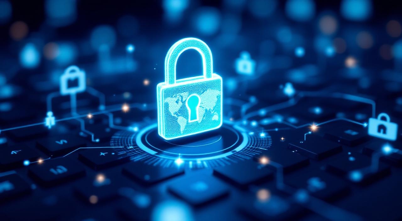 Abstrakte Schloss- und Globus-Symbolik über Tastatur, Datenschutz-Theme