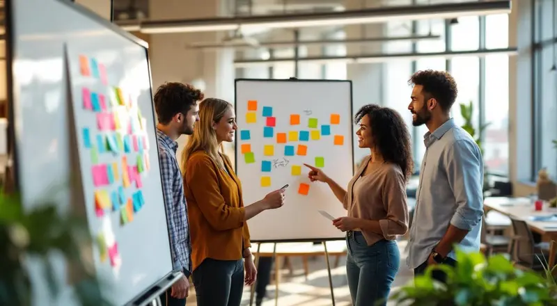 Teamarbeit am Whiteboard mit bunten Sticky Notes in modernem Büro