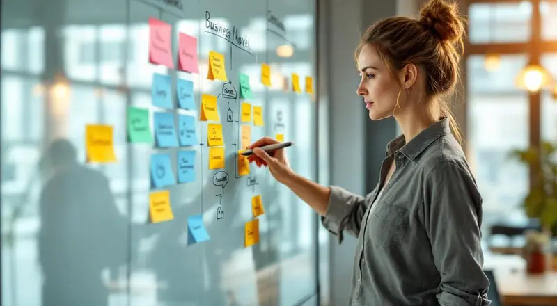 Frau skizziert ein Business Model Canvas auf einem Glasboard in einem modernen Coworking-Space