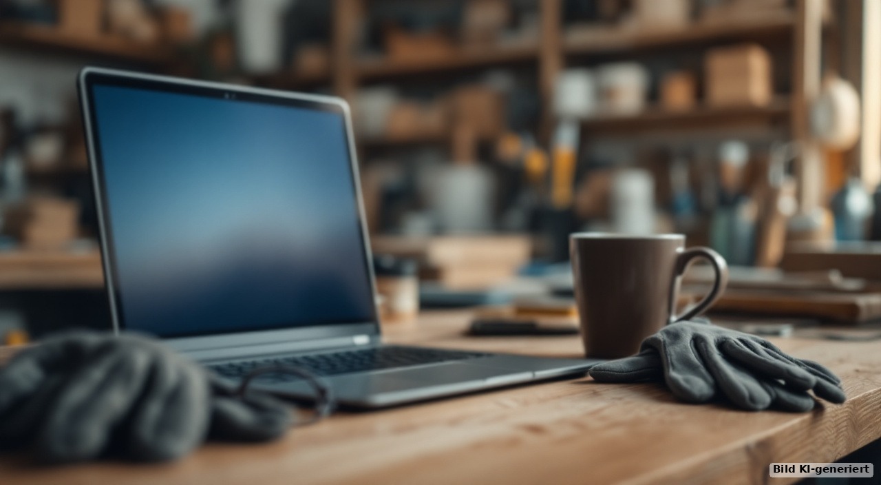 Werkbank in einer Werkstatt mit aufgeklapptem Laptop und Lesebrille daneben, im Hintergrund Regale mit Material