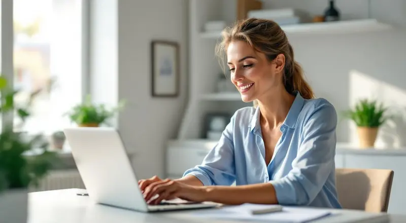 Frau lernt digitale Fähigkeiten am Laptop in einem hellen Home-Office