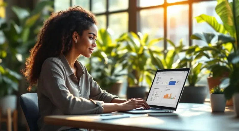 Frau arbeitet an einem Laptop in einem hellen Coworking Space mit tropischen Pflanzen