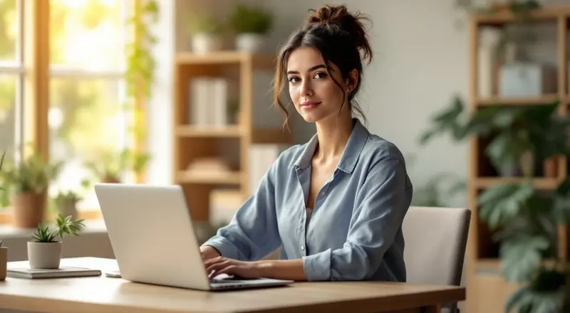 Frau arbeitet konzentriert an aufgeräumtem Schreibtisch mit Laptop
