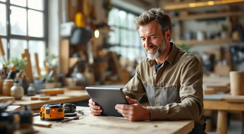 Handwerker nutzt ein Tablet in einer modernen Werkstatt mit organisierten Werkzeugen im Hintergrund
