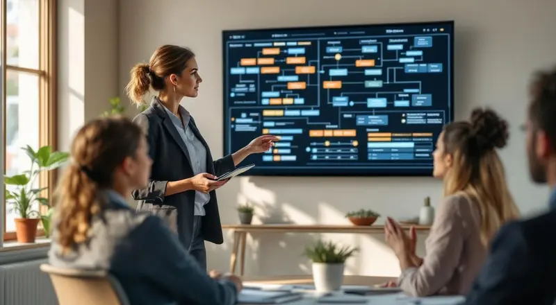 Frau präsentiert digitale Prozessoptimierung am Bildschirm vor Kollegen