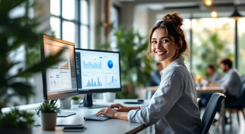 Digitalisierungsmanagerin am Schreibtisch mit zwei Monitoren und Workflow-Diagrammen