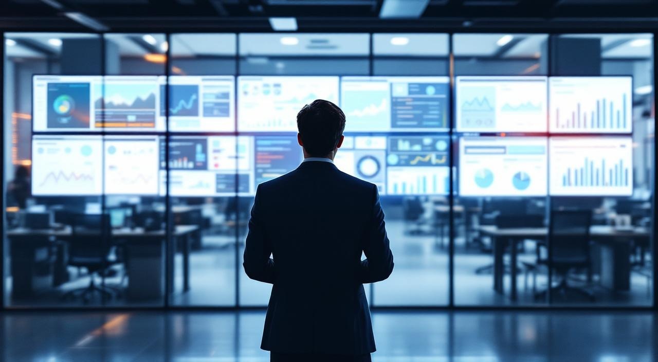 Person vor mehreren Bildschirmen mit Dashboards in modernem Büro