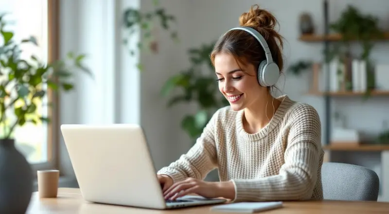 Frau sitzt am Schreibtisch zuhause vor Laptop und nimmt an einer Online-Weiterbildung teil