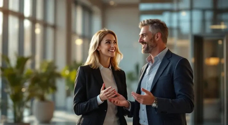 Frau im Gespräch mit Gesprächspartner in modernem Bürofoyer, Aufzug im Hintergrund