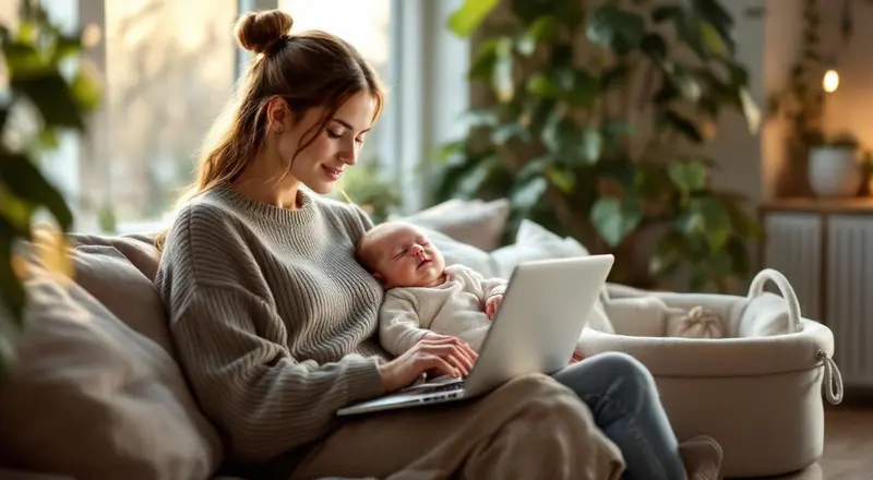 Mutter lernt am Laptop während Baby schläft